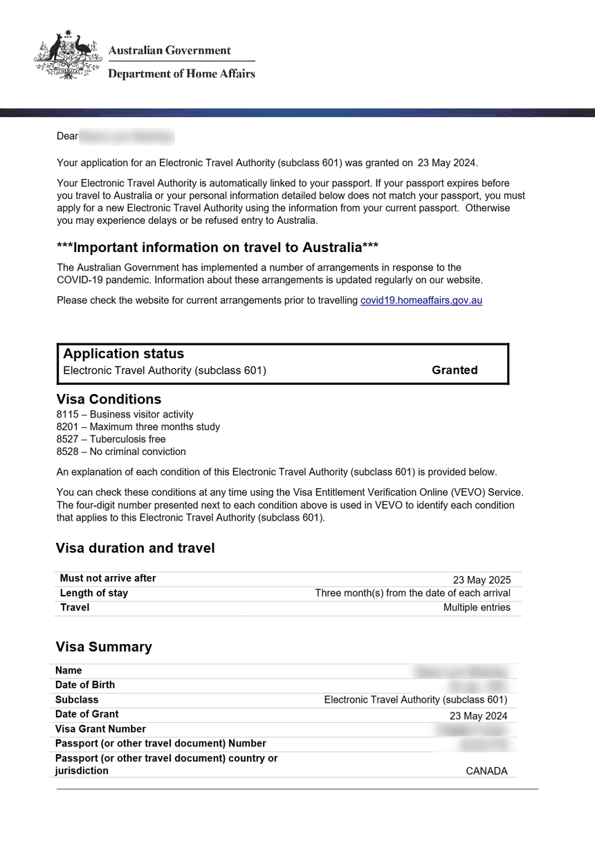 Australia eVisa sample